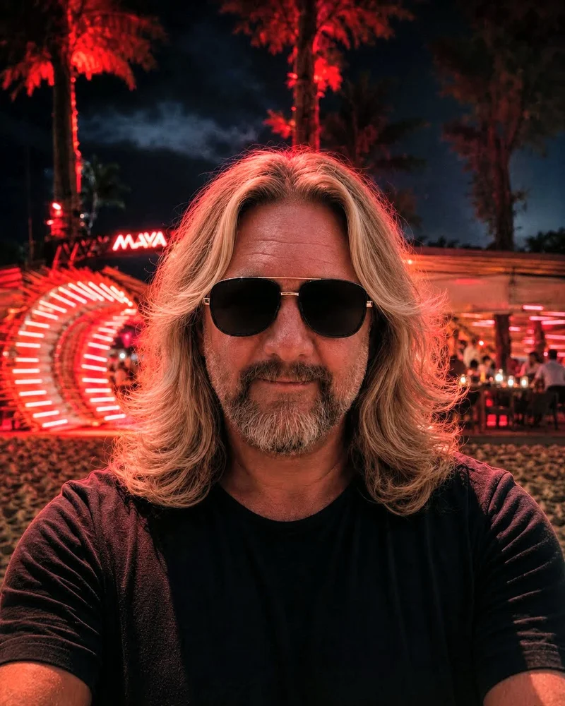 Artist portrait at a red-lit beach club at night.